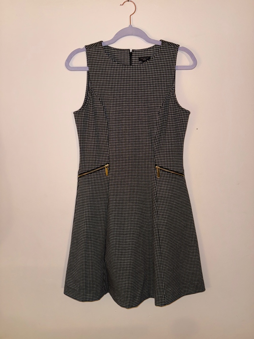 Sleeveless Black and White Houndstooth Dress with Gold Zip Details